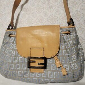 FENDI Zucchino Pattern Drawstring Handbag Purse Gray Canvas Leather
